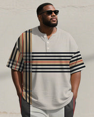 Men's Plus Size Khaki Colorblock Striped Print Henry Collar T-Shirt Trousers Suit