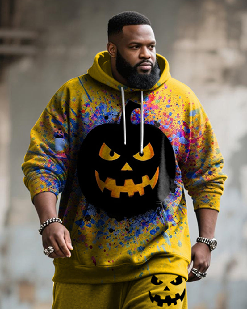 Big & Tall Men's Street Fashion Halloween Pumpkin Graffiti Print Hoodie Suit