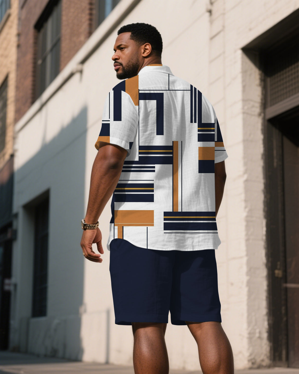 Men's Plus Size Irregular Geometric Pattern Dark White & Dark Blue Short Sleeve Shirt Shorts Suit