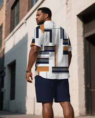 Men's Plus Size Irregular Geometric Pattern Dark White & Dark Blue Short Sleeve Shirt Shorts Suit