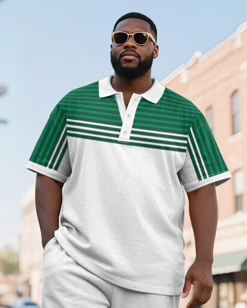 Men's Plus Size Business Green Gradient Stripe Print Short Sleeve Polo Shirt Shorts Suit