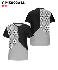 Big & Tall Men's Black Tricolor Geometric Printed Henry Collar Button Short Sleeve T-shirt