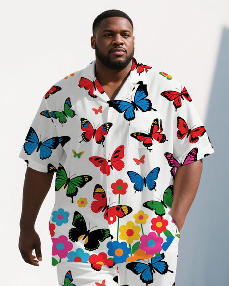 Men's Big and Tall Cartoon Butterfly World Street Style Short-Sleeve Shirt Pants Sets