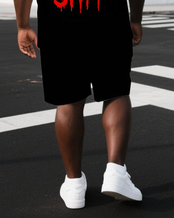 Men's Simple Punk Style People=Shit Back Lettering Big & Tall Casual Short-Sleeve T-shirt 2-Piece Set