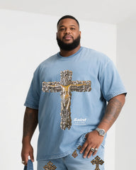 Big Shit Fashion Street Faith Cross Print Short Sleeve Shorts Denim Suit