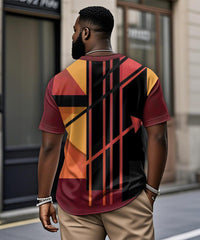Men's Plus Size Daily Casual Black Red Orange Stitching Geometric Print Henry Collar Button Short Sleeve T-Shirt