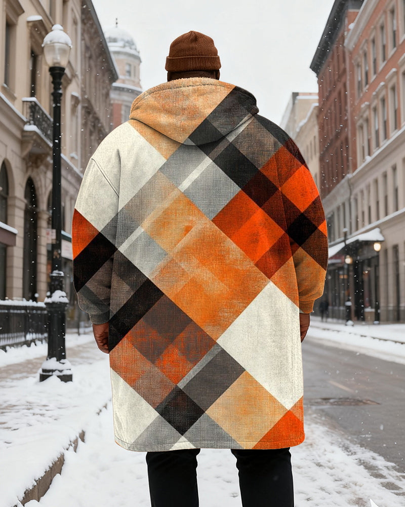 Big & Tall Men's Orange Plaid Printed Velvet Padded Long Hooded Coat