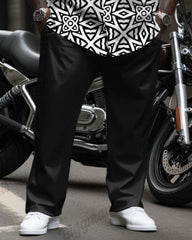 Men's Plus Size Casual Business Retro White Pattern Long Sleeve Shirt Trousers Suit