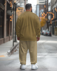 Men's Plus Size Khaki Colorblock Striped Geometric Print Long Sleeve T-Shirt Trousers Suit