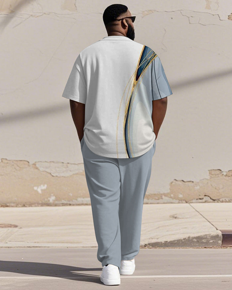 Men's Plus Size Blue And White Color-block Gradient Line Print Henry Collar T-shirt Trousers Suit