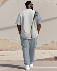 Men's Plus Size Blue And White Color-block Gradient Line Print Henry Collar T-shirt Trousers Suit