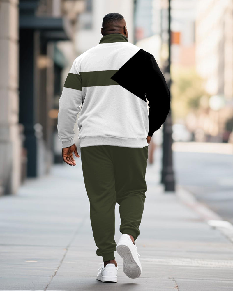 Big & Tall Men's King Colorblock Printed POLO Collar Zipper Long Sleeve Pants Two-Piece Set