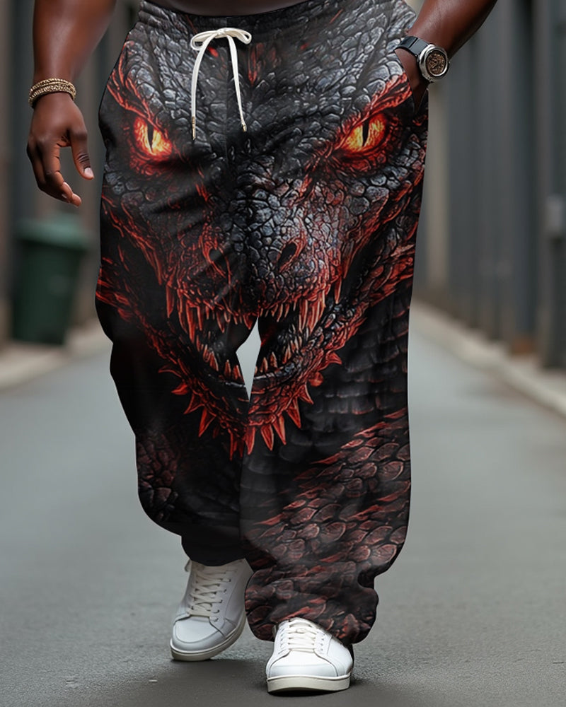 Men's Casual Cotton Dragon Print Loose Elastic Waist Sports Jogging Pants