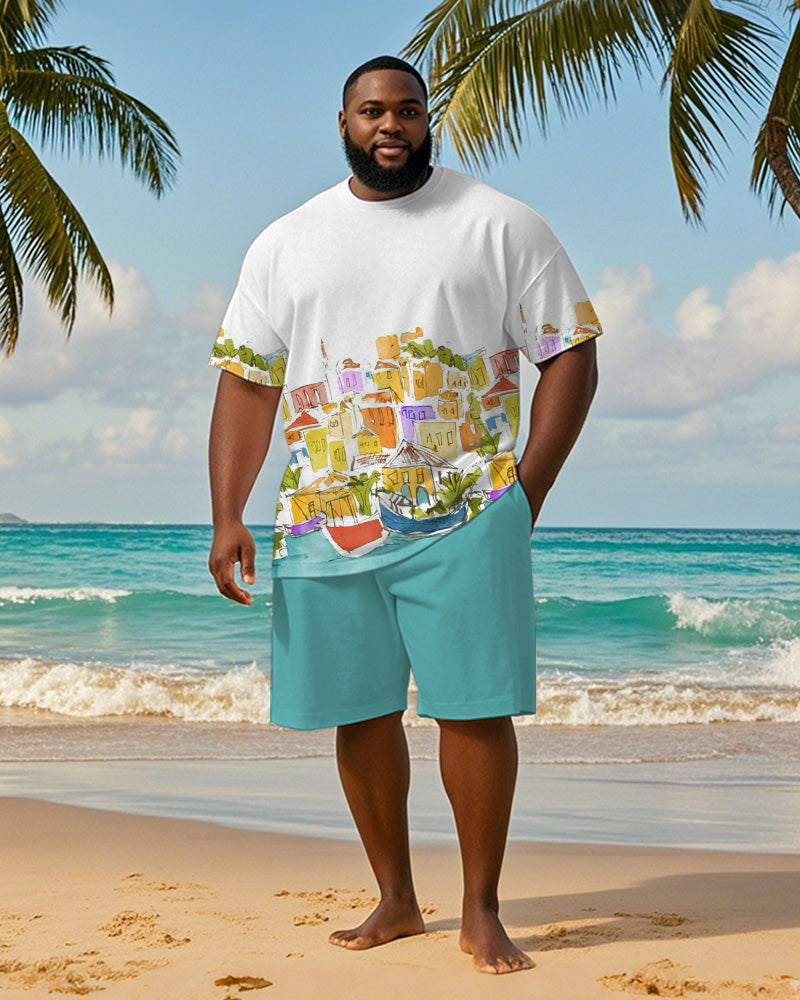 Big & Tall Men's Hawaiian Color Graffiti House Printed Crewneck Short Sleeve T-Shirt Shorts Suit
