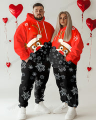 Couple Fashion Casual Big & Tall Auspicious Deer Pattern Snowflake Print Hoodie Set