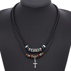 Vintage Cross Feather Double Beaded Turquoise Beaded Necklace