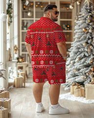 Men's Big & Tall Christmas Red Cartoon Funny Print Short Sleeve Shirt Shorts Set