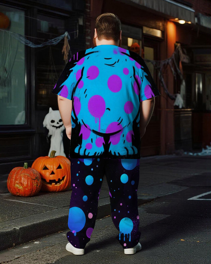Big & Tall Men's Halloween Blue Polo Dot Plush Graffiti Cosplay Printed T-Shirt Trousers Suit
