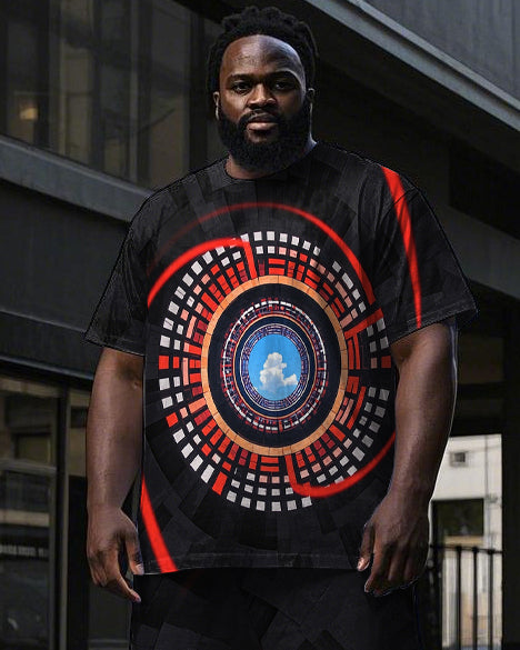 Men's Casual Abstract Vortex Square Pattern Printed Short Sleeve T-shirt Pants 2-Piece Set