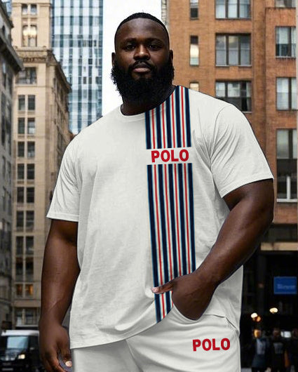 Big and Tall Men's Simple Black & Red Stripe POLO Letter Printed Active Short Sleeve T-shirt Pants Set