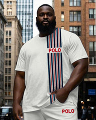 Big and Tall Men's Simple Black & Red Stripe POLO Letter Printed Active Short Sleeve T-shirt Pants Set