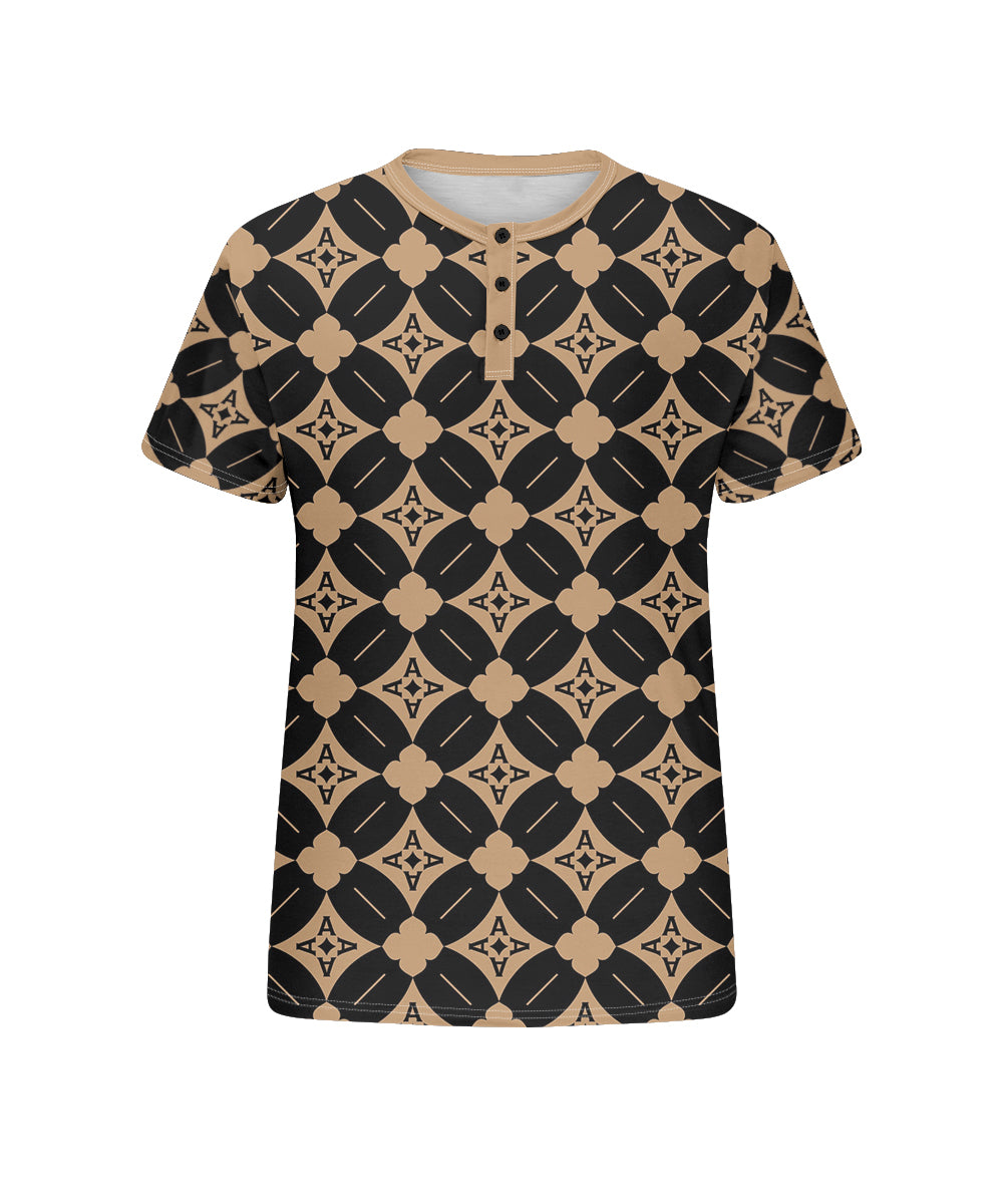 Men's Plus Size Daily Casual Khachi Geometric Diamond Print Henry Collar Button Short Sleeve T-Shirt
