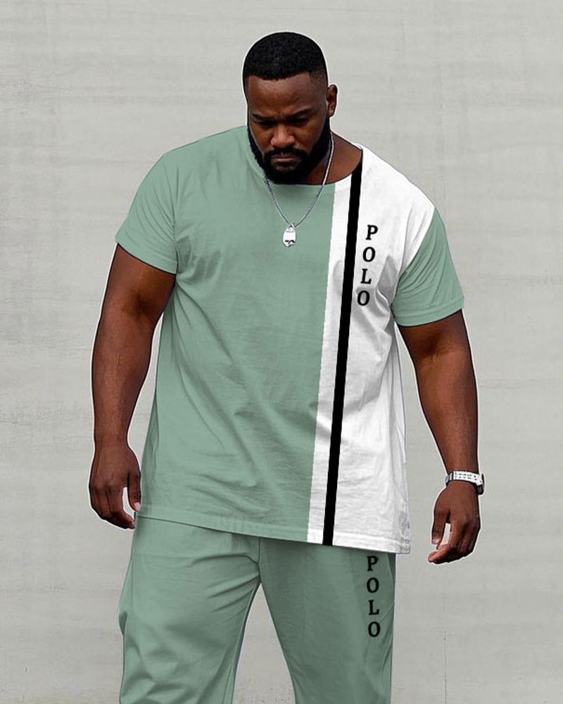 Men's Plus Size Tender Green & White Colorblock Small Label Design Arrangement Printed Short-sleeved T-shirt Trousers Suit