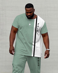 Men's Plus Size Tender Green & White Colorblock Small Label Design Arrangement Printed Short-sleeved T-shirt Trousers Suit