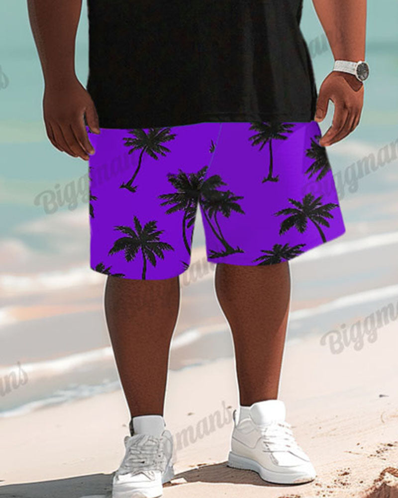 Big Men's Hawaiian Tropical Yellow Coconut Tree Patchwork Print Short Set