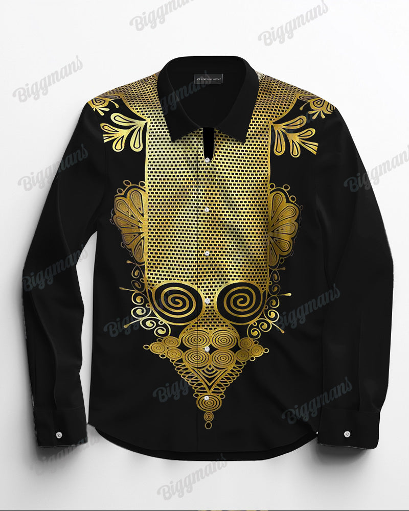 Men's Big and Tall Ethnic Style Black Gold Totem Lapel Long Sleeve Shirt