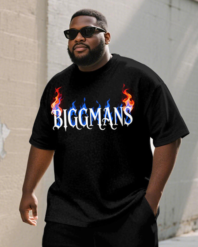Men's Plus Size Flame Gradient BIGGMANS Letter Print Round Neck Short Sleeve T-shirt Shorts Suit