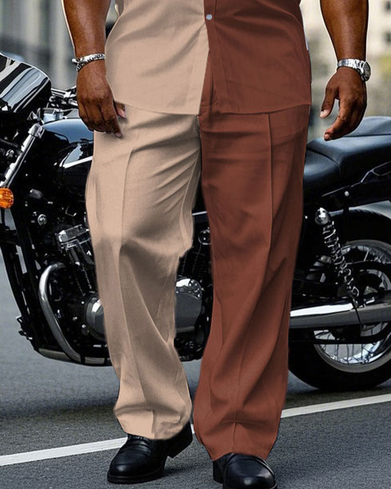 Men's Plus Size Casual & Khaki & Brown Colorblock Short Sleeve Shirt Trousers Suit