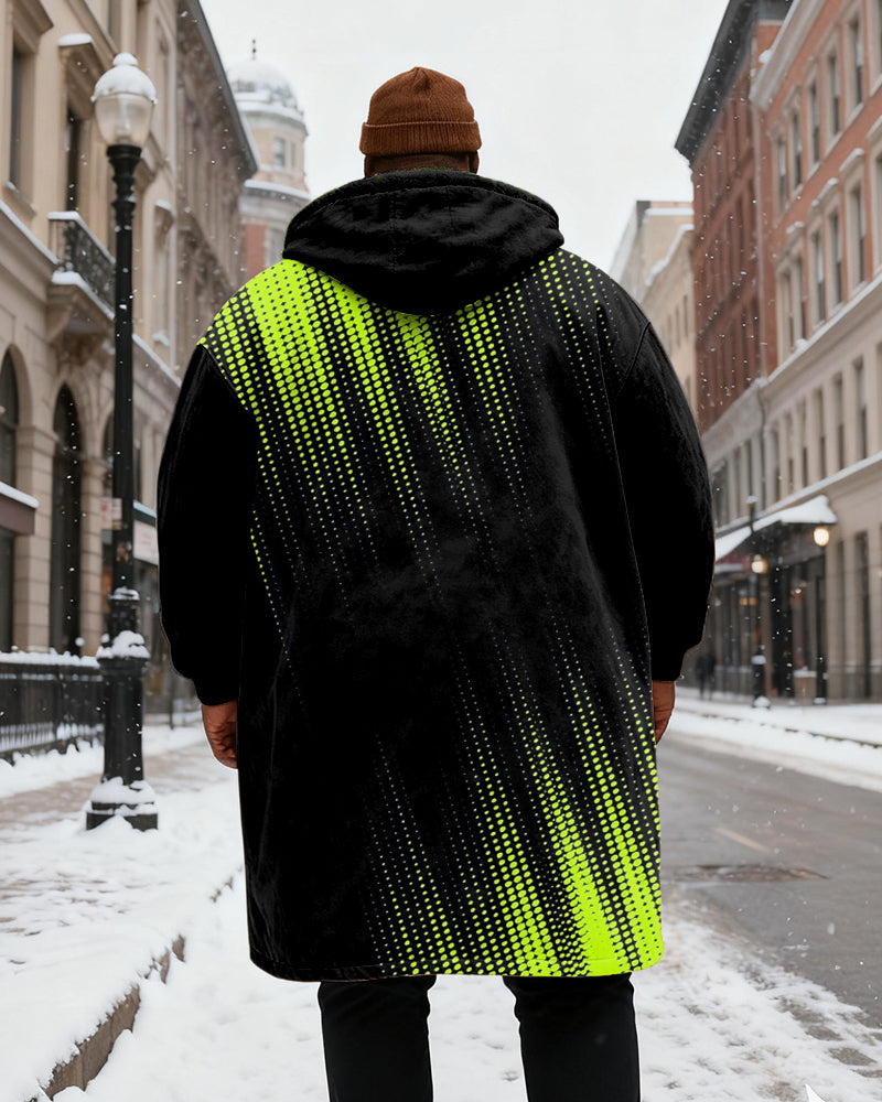 Big & Tall Men's Black And Green Gradient Printed Velvet Padded Long Hooded Coat