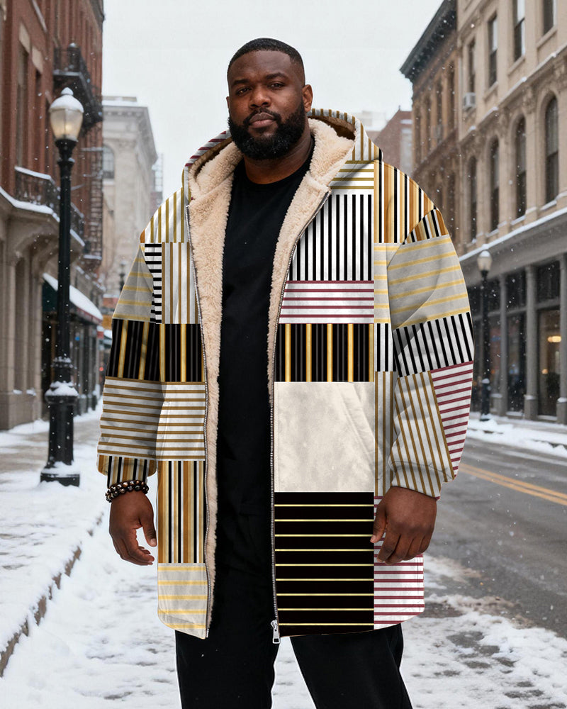 Big & Tall Men's Vintage Geometric Yellow Printed Velvet Thickened Long Hooded Coat