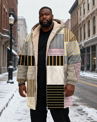 Big & Tall Men's Vintage Geometric Yellow Printed Velvet Thickened Long Hooded Coat