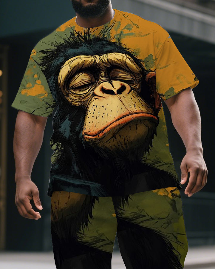 Big & Tall Men's Melancholy Gorillas in Ink Painting Summer Short Sleeve T-shirt and Short Set