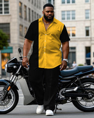Big & Tall Men's Yellow & Black Color-matching Business Short-sleeved Shirt Pants Suit