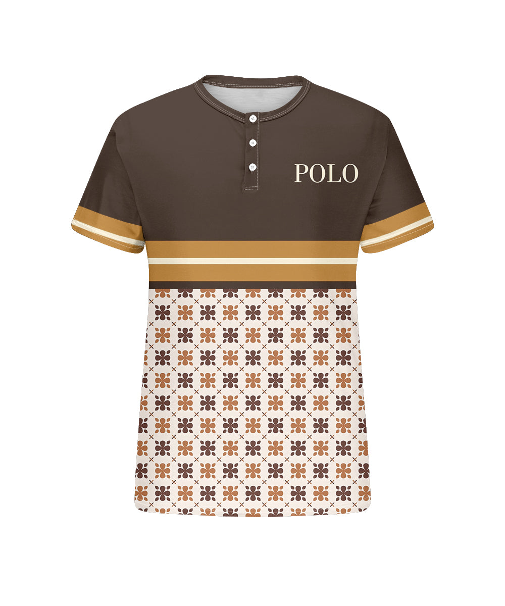 Men's Plus Size Daily Casual Brown Striped Alphabet Print Henry Collar Button Short Sleeve Tee