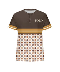Men's Plus Size Daily Casual Brown Striped Alphabet Print Henry Collar Button Short Sleeve Tee