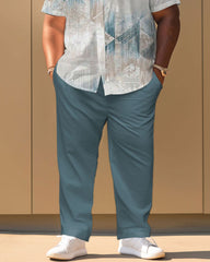 Striped Geometric Print Short Sleeve Shirt Trousers Suit Men's Plus Size