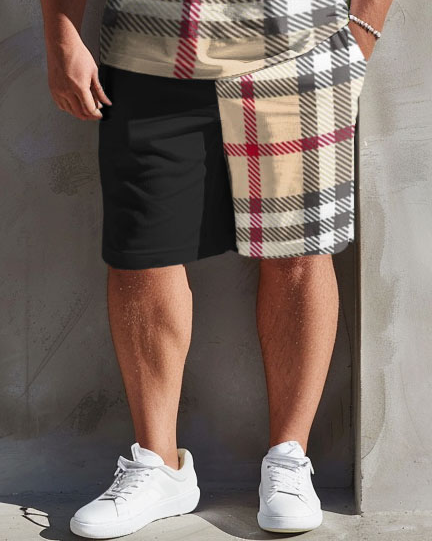 Men's Plus Size Fashion Plaid Stitching T-Shirt Shorts Set