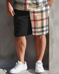 Men's Plus Size Fashion Plaid Stitching T-Shirt Shorts Set