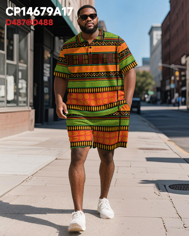 Big & Tall Men's Business Green Orange Colorblock Geometric Print Short Sleeve Polo Shirt Shorts Suit