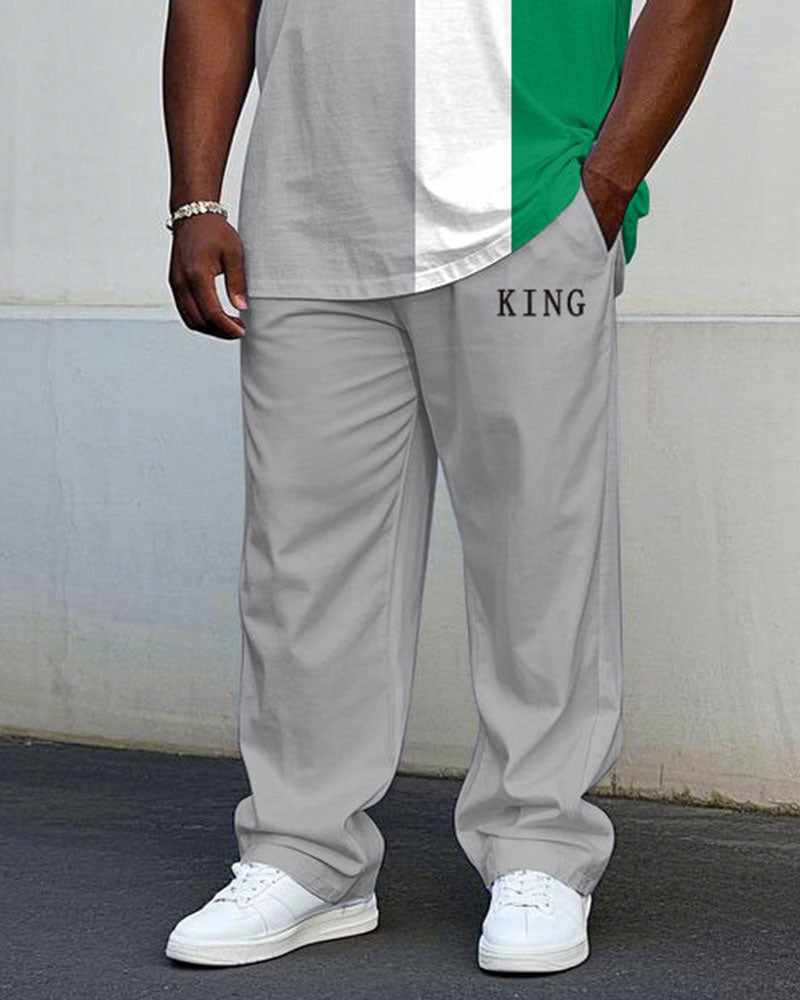 Big & Tall Men's Summer Grey & White & Green Colorblock Loose Short-sleeved T-shirt Trousers Suit