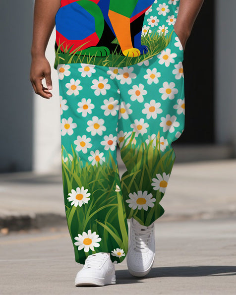 Big Guy's Animal World Splicing Cat & Flower Printed Short Sleeve T-shirt Pants Set