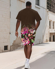 Men's Plus Size Street Brown Gradient Graffiti Rose Print Round Neck Short Sleeve T-Shirt Shorts Suit