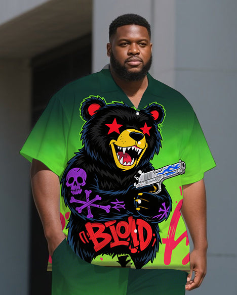 Men's Hip Hop Bear Cartoon Gradient Effect Casual Short Sleeve Shirt and Pants Set