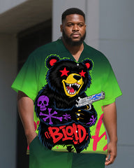 Men's Hip Hop Bear Cartoon Gradient Effect Casual Short Sleeve Shirt and Pants Set