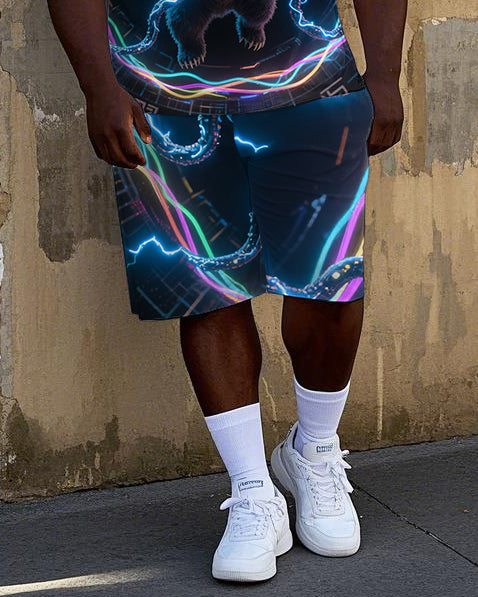 Men's Big & Tall Casual Electric Bear Printed 2-Piece Short Sleeve T-Shirt Shorts Set