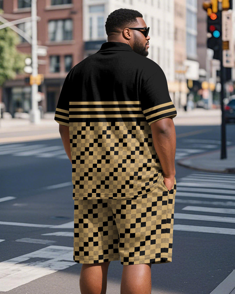 Men's Plus Size Daily Black And Yellow Patchwork Letter Print Short-sleeved Polo Shirt Shorts Suit